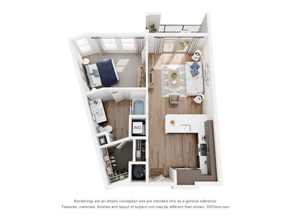 A 3D floor plan of a one bedroomapartment with a kitchen, living room, and bathroom.