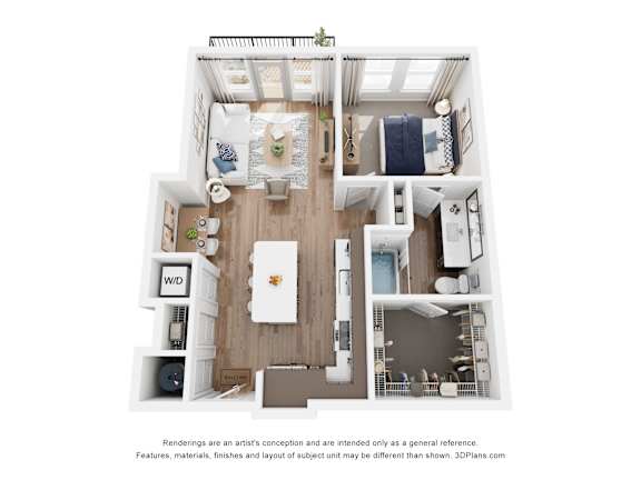 A 3D floor plan of a one bedroom apartment with a kitchen, living room, and bathroom.