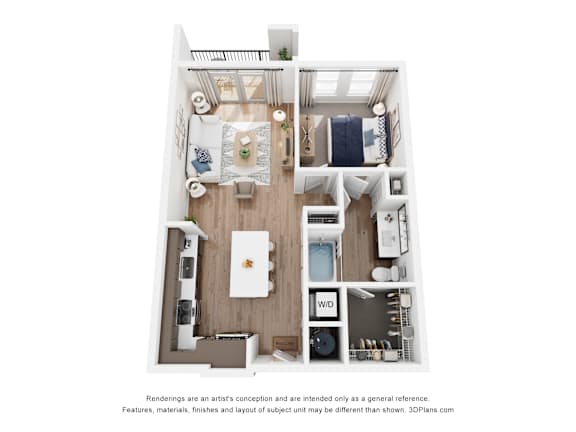 A 3D floor plan of a one bedroom apartment with a kitchen, living room, and bathroom.