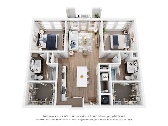 A 3D floor plan with a kitchen, living room, and two bedrooms.
