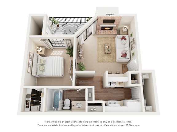 A 3D floor plan of a small apartment with a kitchen, living room, and bathroom.
