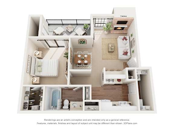 A 3D floor plan of a small apartment with a kitchen, living room, and bathroom.