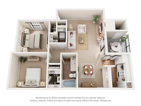 A 3D floor plan of a house with multiple rooms and furniture.