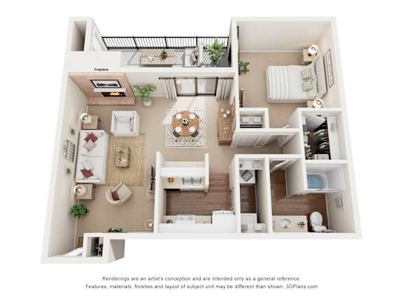 A 3D floor plan of a house with labeled rooms.