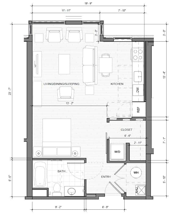 Floor Plan  a floor plan of a studio apartment at The Merc, Waltham