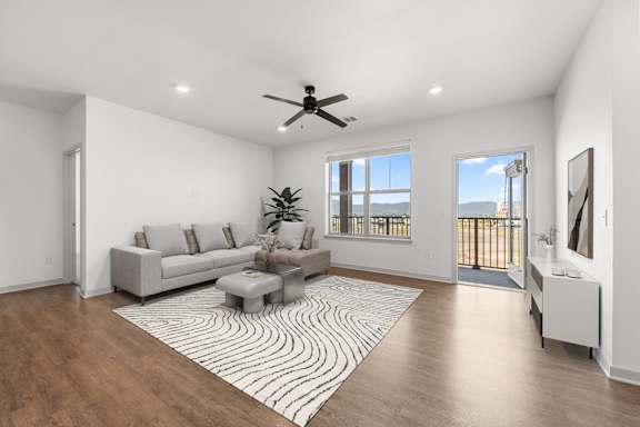 A living room with a grey sofa and a rug with a black and white pattern.