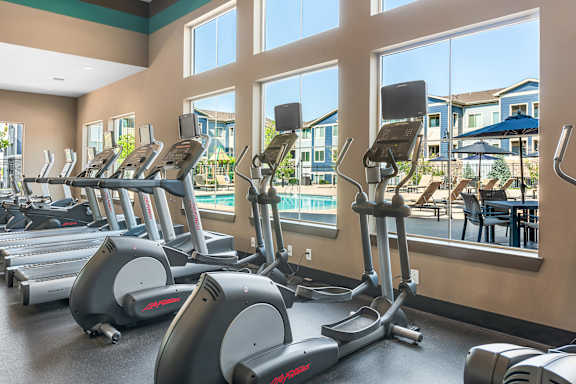 A gym with treadmills and elliptical machines.