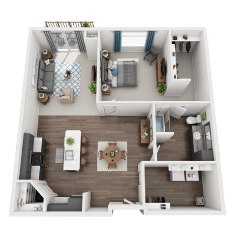 a 3d rendering of a bedroom with a bathroom and a living room