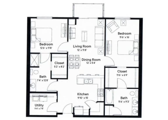 a floor plan of a living room and a dining room a floor plan of a living room and a dining room at SoRoc On Maine, Rochester