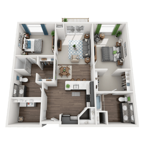 3d view of a 3 bedroom floor plan of a 2100 sq ft apartment 3d view of a 3 bedroom floor plan of a 2100 sq ft apartmentat SoRoc On Maine, Rochester Minnesota
