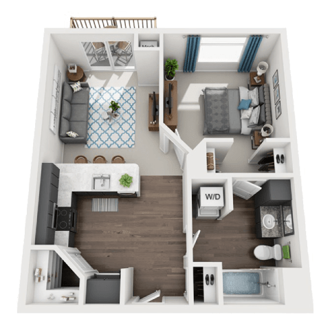 a 3d drawing of a bedroom with a bathroom and a living room