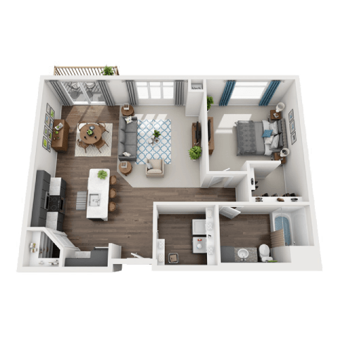 Floor Plan  a 3d view of a bedroom with a living room
