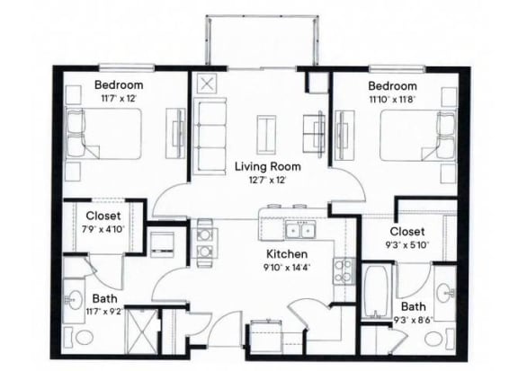 a floor plan of a living room and a kitchen at SoRoc On Maine, Rochester, 55904
