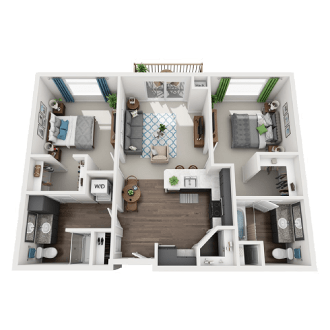 a 3d floor plan of a 2100 sq ft apartmentat SoRoc On Maine, Rochester, MN