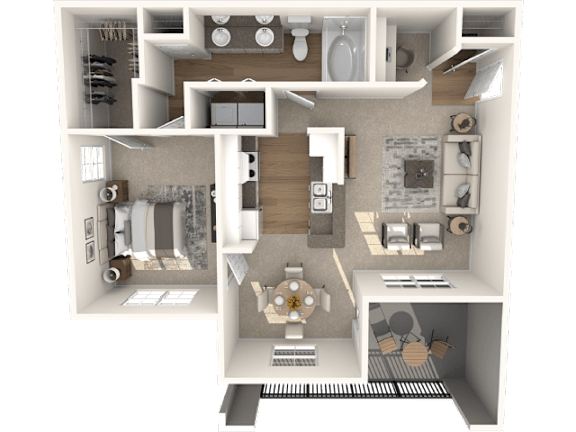 a 3d rendering of a floor plan with a bedroom and a living room