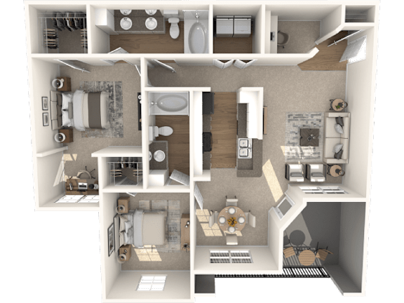a 3d rendering of a floor plan with a bedroom and a living room