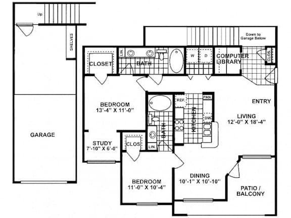 a floor plan of a house with bedrooms and a garage