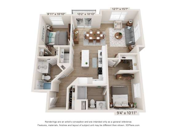 A 3D floor plan of a two-bedroom apartment with dimensions and a disclaimer.