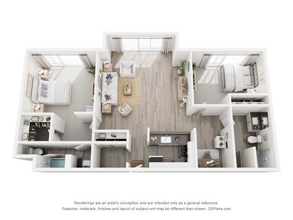 Floor Plan  A 3D floor plan of a house with a kitchen, living room, and two bedrooms.