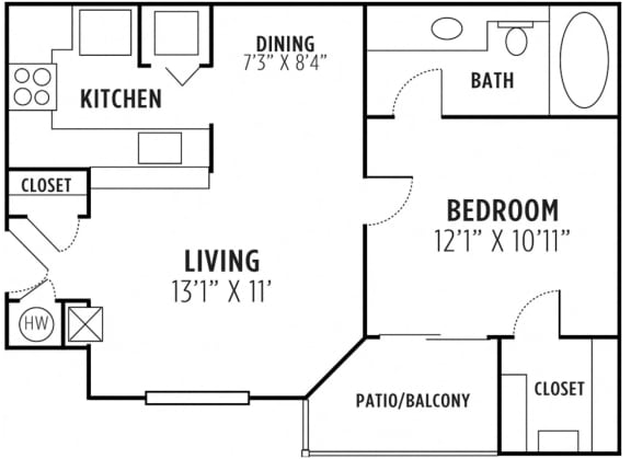 a one bedroom floor plan with a bedroom and kitchen/living space