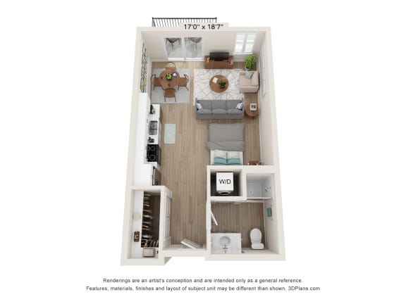 a stylized floor plan of a 1 bedroom apartmentat SoRoc On Maine, Rochester, MN