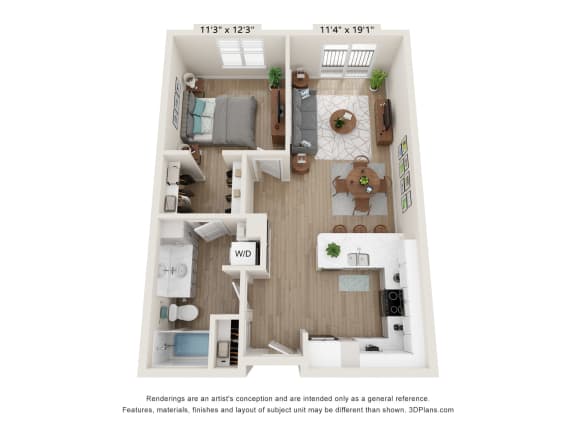 a stylized floor plan of a 1 bedroom apartment with a desk and a chair