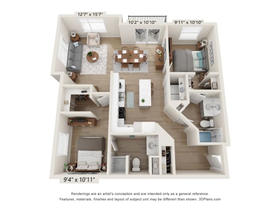 a stylized floor plan with a bedroom and living room