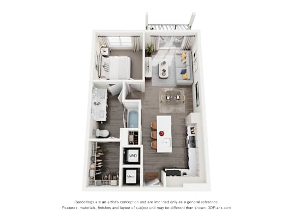 A 3D floor plan of a 1-bedroom apartment home with a kitchen, living room, and bathroom.