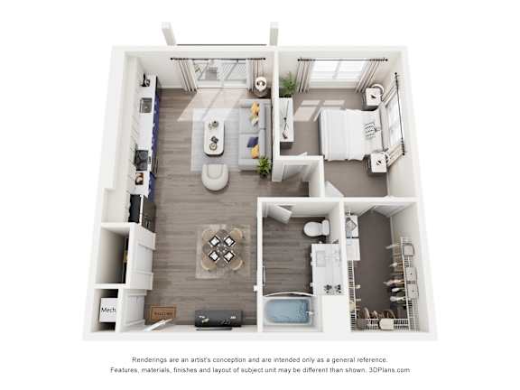 A 3D floor plan of a 1-bedroom apartment home with a kitchen, living room, and bathroom.