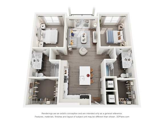 A 3D floor plan of a 2-bedroom apartment home with a kitchen and living room.