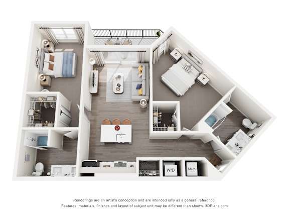 A 3D floor plan of a 2-bedroom apartment home with a kitchen, living room, and bathroom.