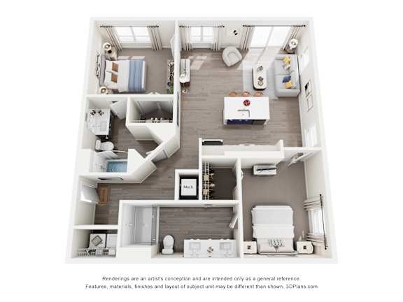 A 3D floor plan of a 2-bedroom apartment home with a kitchen, living room, and bathroom.