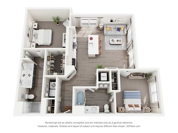 A 3D floor plan of a 2-bedroom apartment home with a kitchen, living room, and bathroom.