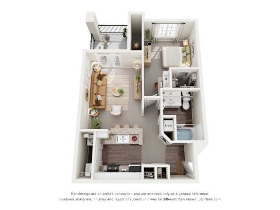 A 3D floor plan of a 1-bedroom apartment with a kitchen, living room, and bathroom.