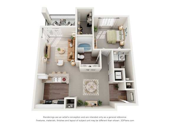 A 3D floor plan of a 1-bedroom apartment with a kitchen, living room, and bathroom.