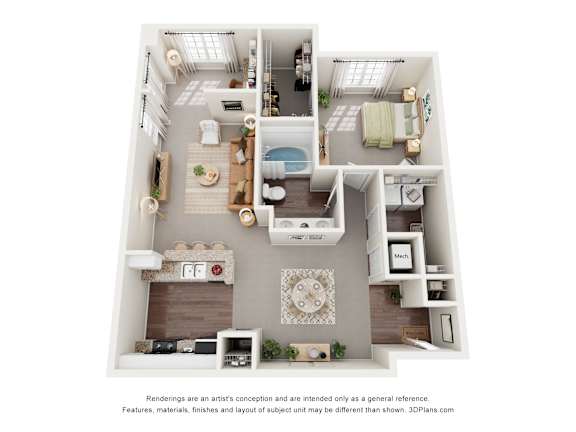 A 3D floor plan of a 1-bedroom with a kitchen, living room, and bathroom.