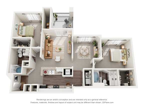 A 3D floor plan of a 2-bedroom with a kitchen, living room and bathroom.