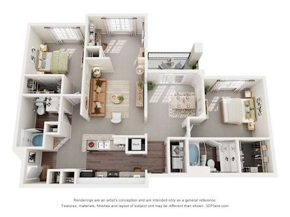 A 3D floor plan of a 2-bedroom apartment with a kitchen, living room and 2 bathrooms