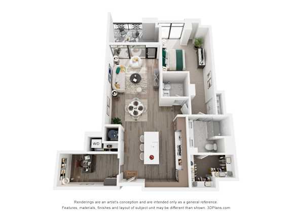 A 3D floor plan of a 1 bedroom apartment with a kitchen, living room, and bathroom.