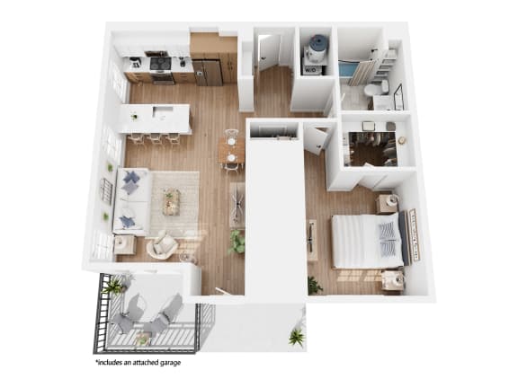 Apartment A floor plan showing a one bedroom, one bathroom apartment with an attached garage