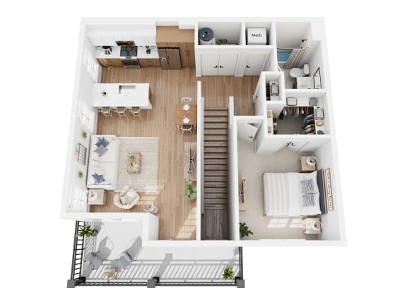 Floor Plan  Apartment A1 floor plan showing a 1 bedroom, bathroom, living room, kitchen and balcony