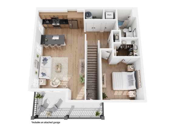 Apartment A-2 floor plan showing a one bedroom, one bathroom apartment with an attached garage