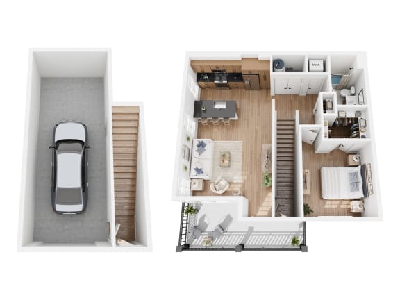 Floor Plan  Apartment A-2 floor plan showing a one bedroom, one bathroom apartment with an attached garage