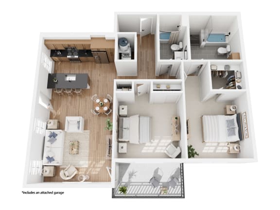Apartment B floor plan showing a two bedroom, two bathroom apartment with attached garage