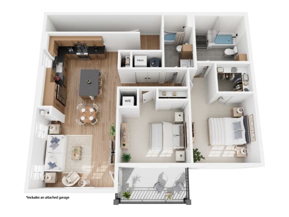 Apartment B1 floor plan showing a 2 bedroom, 2 bathroom apartment with attached garage