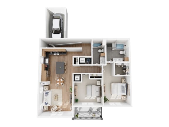 Floor Plan  Apartment B1 floor plan showing a 2 bedroom, 2 bathroom apartment with attached garage