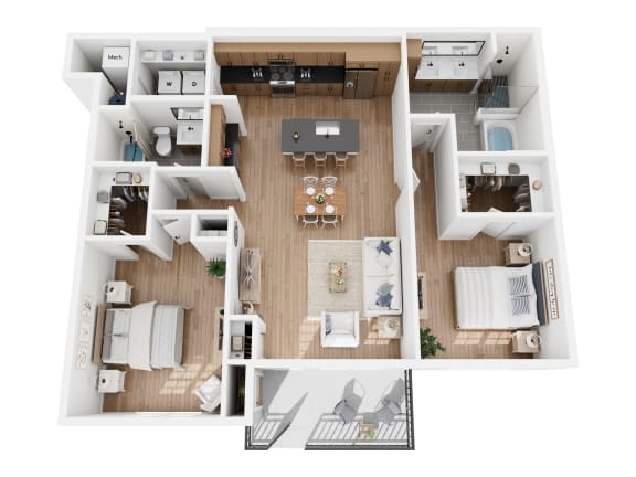 Floor Plan  Apartment B2 floor plan showing a two bedroom, two bathroom apartment with kitchen and living room