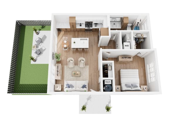 Floor Plan  Cottage A floor plan showing one bedroom with a living room and bathroom