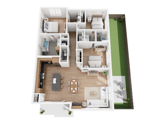 Cottage C floor plan showing 3 bedrooms, 2.5 bathrooms, a living room, kitchen and private outdoor space