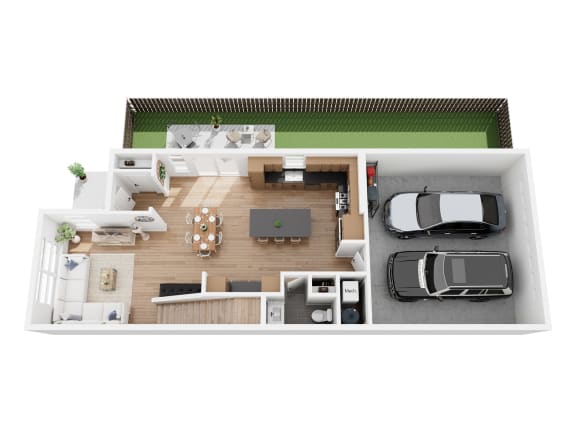 Single Family C floor plan showing the first floor with a 2-car garage, kitchen, living room, powder room and private outdoor space